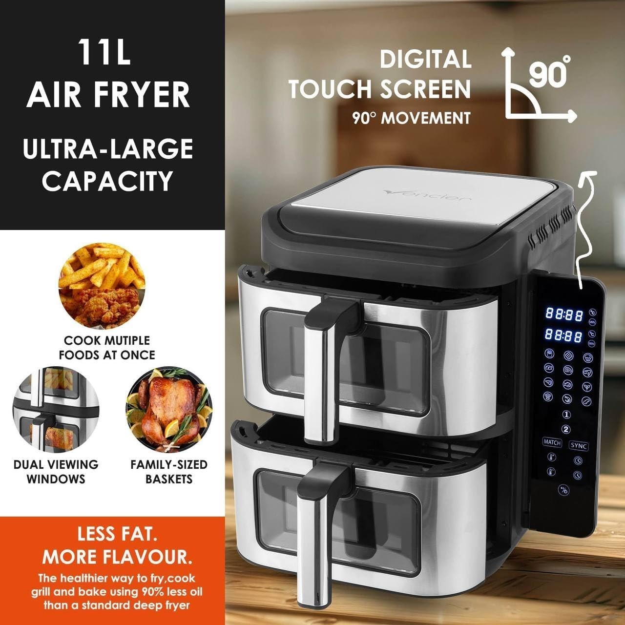11L Dual Basket Air Fryer Slim Vertical 2×5.5L Fast Cook Cyclone Fan Touchscreen