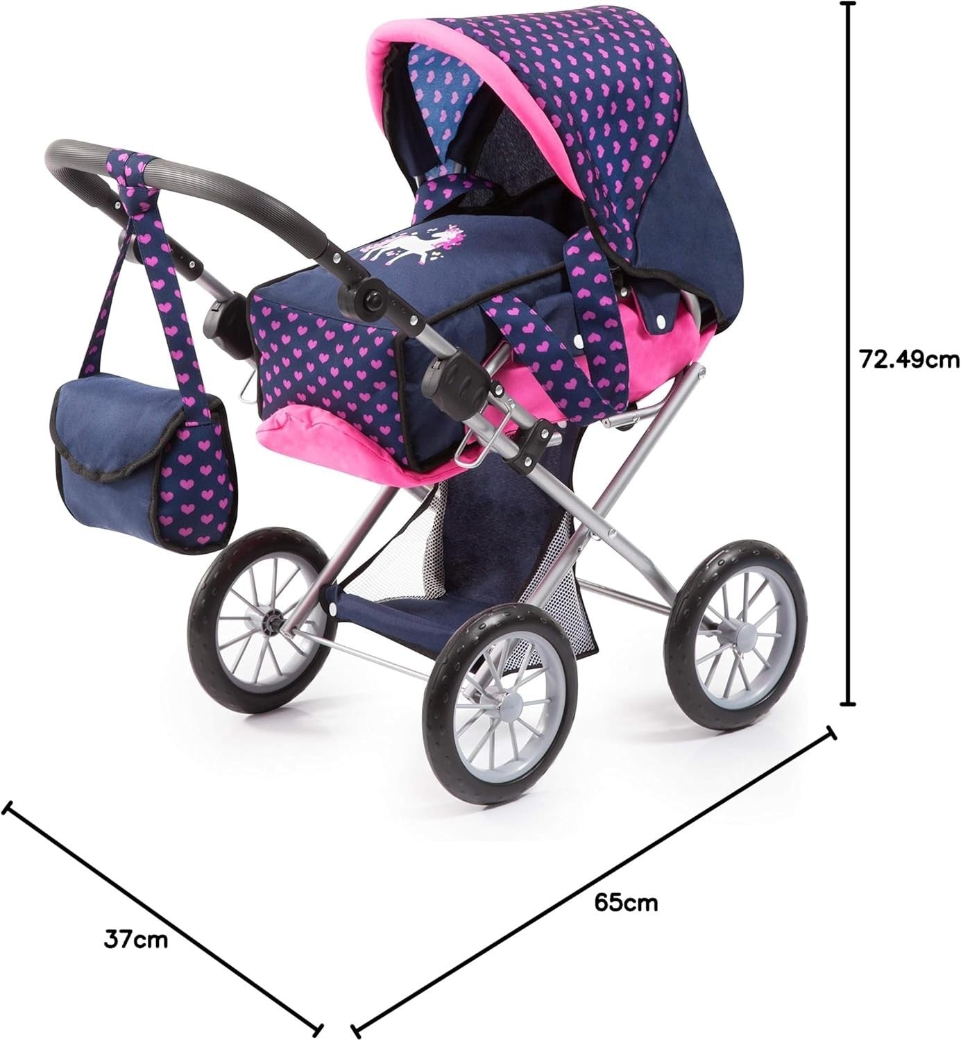Unicorn Doll Pram Convertible Stroller Adjustable Handle Basket Bag