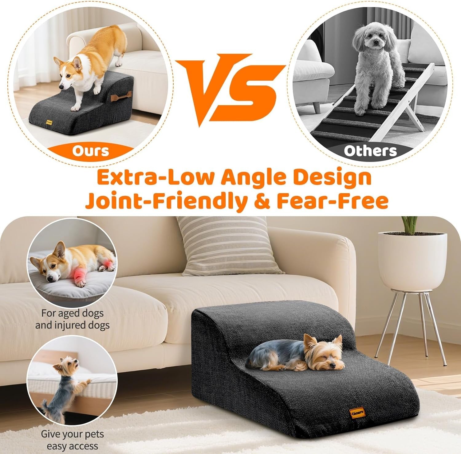 2 Step Dog Stairs Foam Pet Ramp for Low Sofa Slip Grey