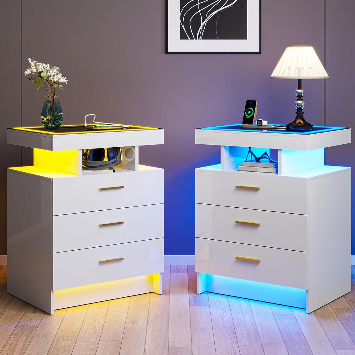 Set of 2 White LED Bedside Tables Wireless Charging, Glass Top & Drawers