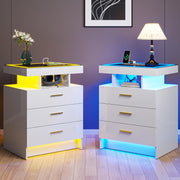 Set of 2 White LED Bedside Tables Wireless Charging, Glass Top & Drawers