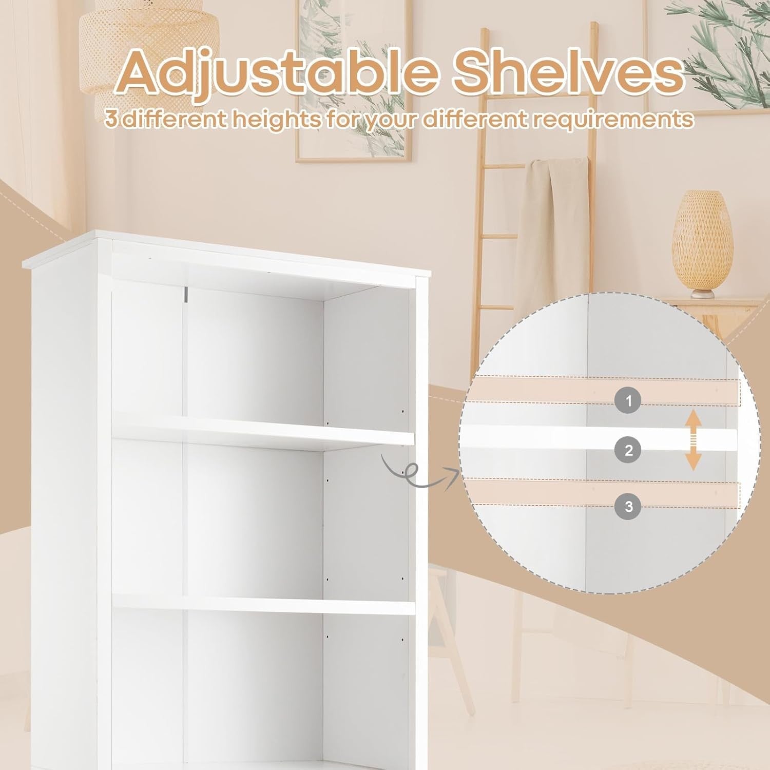 White 5-Tier Freestanding Bookcase with Cupboard, Adjustable Shelves, Tall