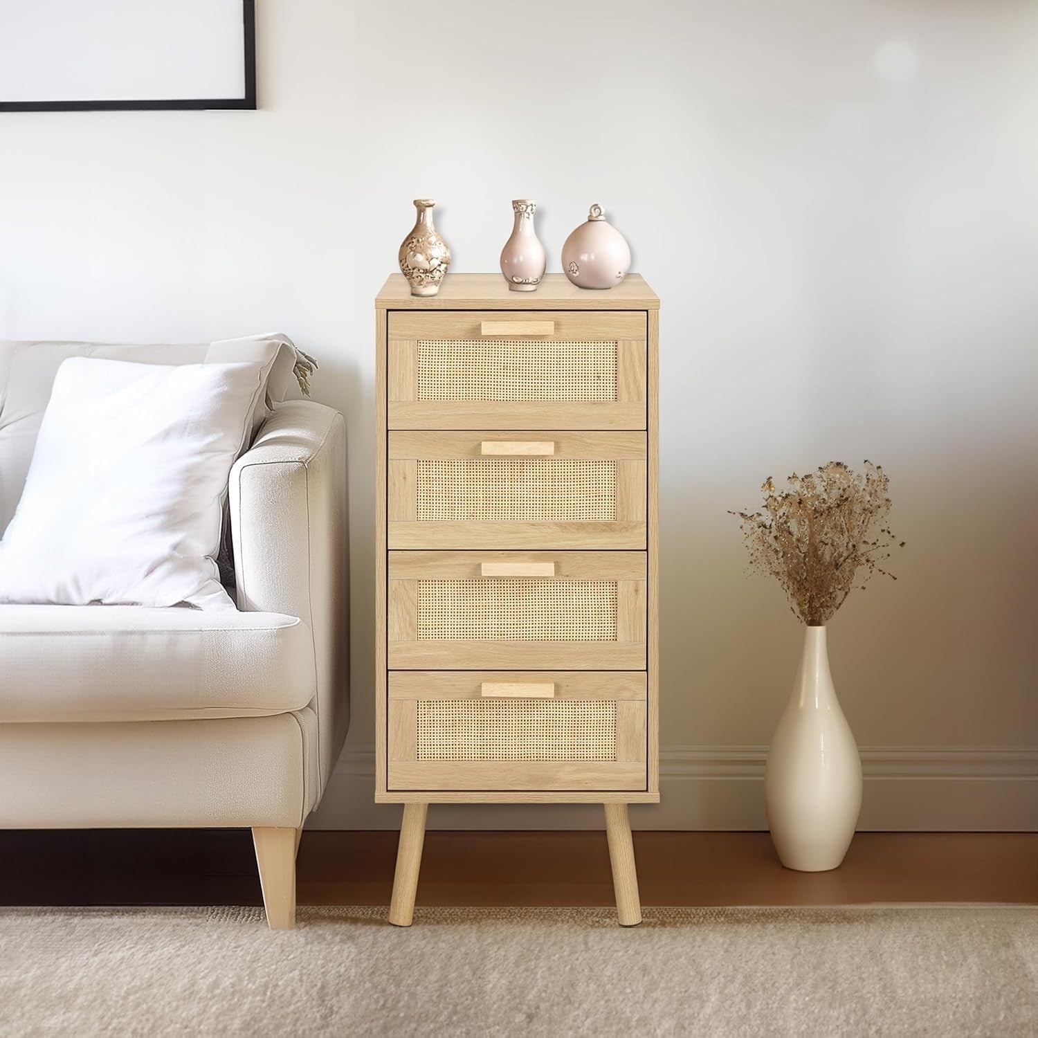 4 Drawer Rattan Chest Bedroom Storage Unit Tall Wooden Legs Compact Design