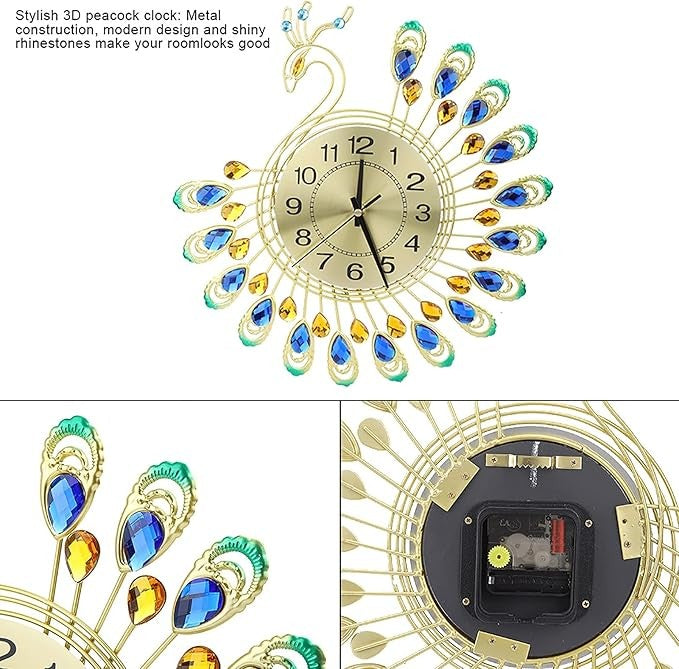 Large 3D Peacock Wall Clock Silent Luxury Metal Decorative Art 37cm Home