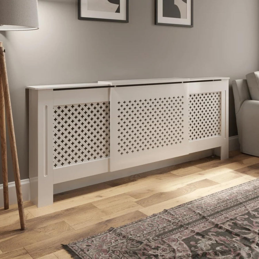 White Radiator Cover Cabinet MDF Cross Slat Adjustable Modern Shelf