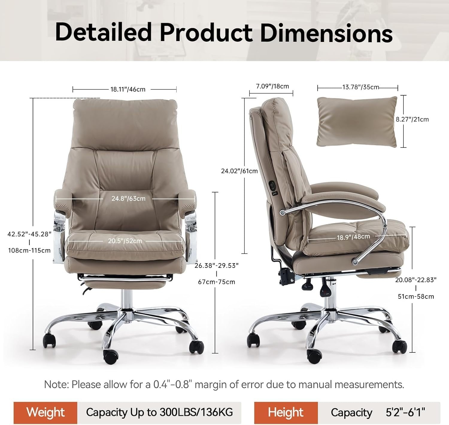 Heated Massage Office Chair Recliner Footrest Ergonomic High Back Khaki