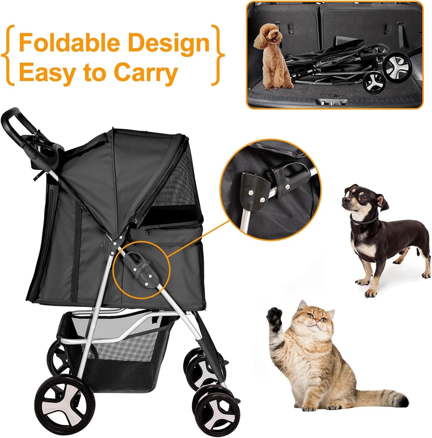 Pet Travel Stroller Dog Cat Pushchair 4 Wheel Folding Pram Jogger Black