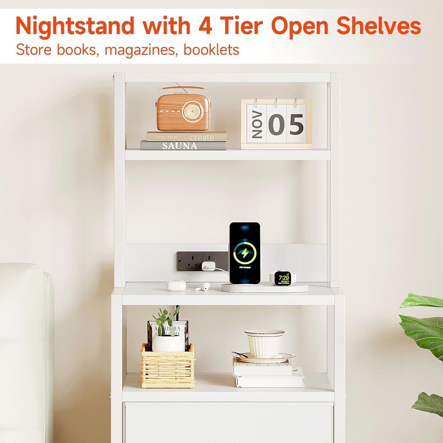 Tall Bedside Table with USB Charging, 3 Drawers + Shelves