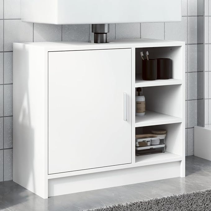 White Bathroom Sink Cabinet 63cm Modern Under Sink Storage Cupboard with Shelves