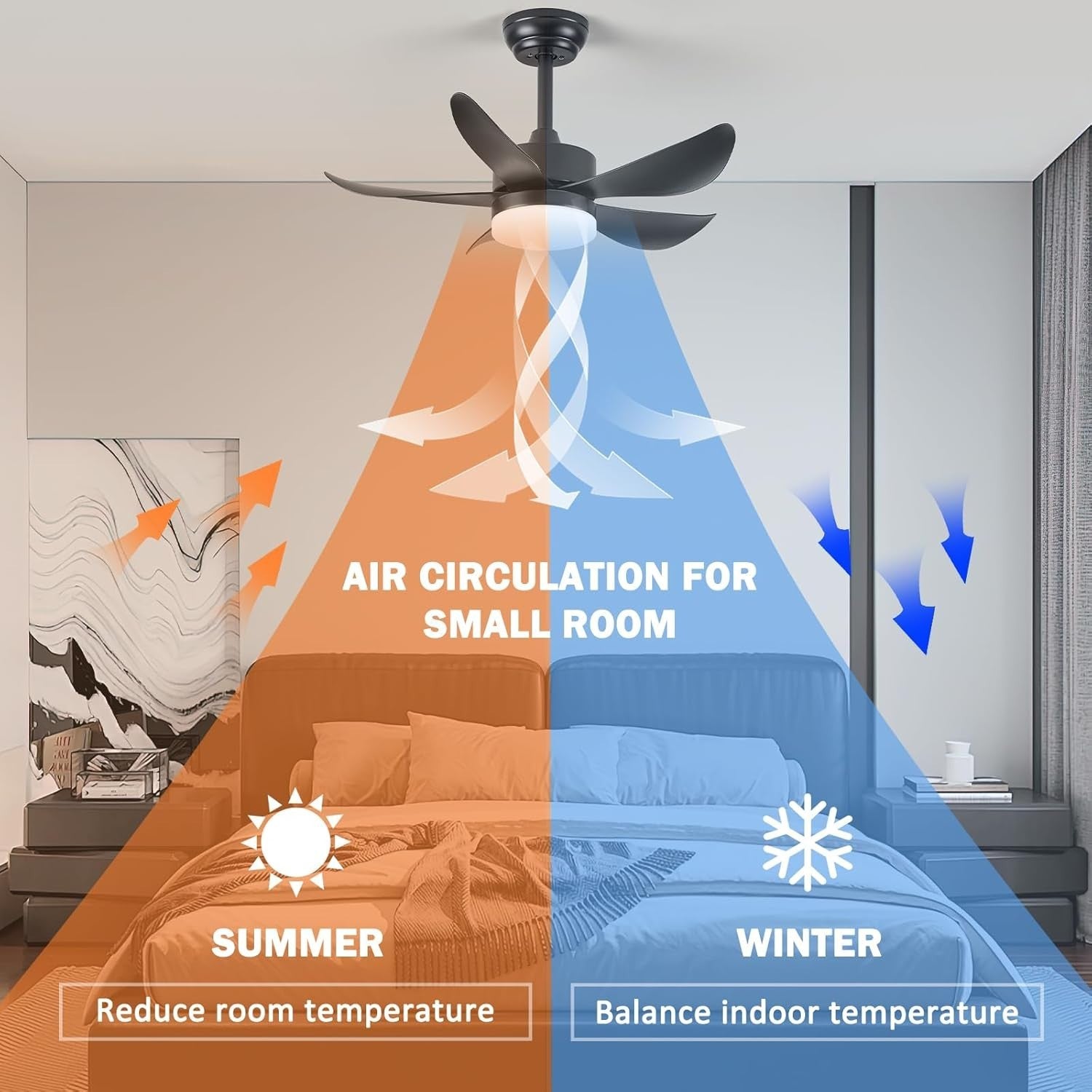 30" Black Ceiling Fan Light, 6 Speeds, Dimmable, Reversible, Quiet Smart Fan