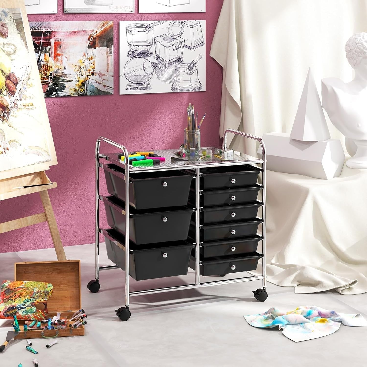 9 Drawer Rolling Storage Organizer Cart Utility Trolley Black