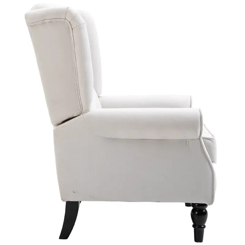 Cream Wingback Accent Armchair Linen Tufted High Back Chair Wood Legs