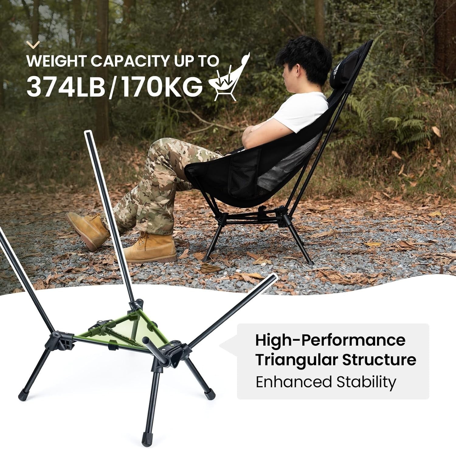 Black High Back Folding Camping Chair with Pillow, Heavy Duty 170kg Support