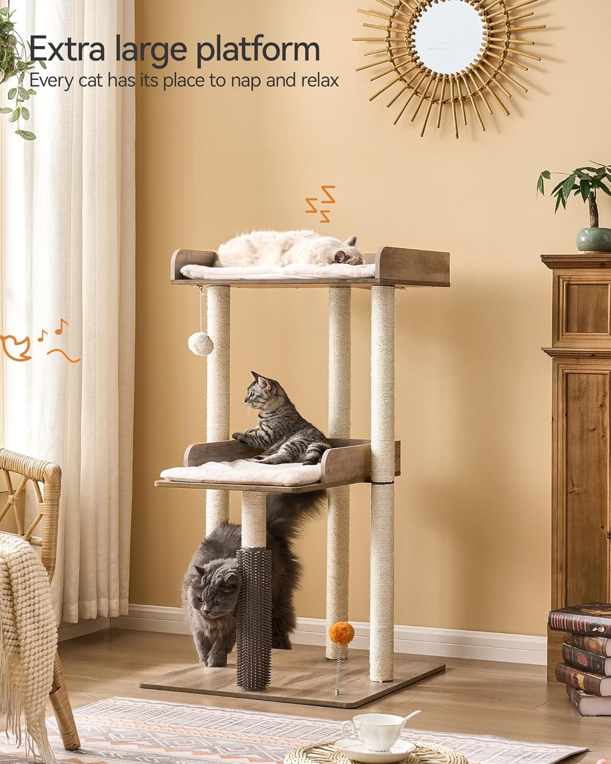 Large Wooden Cat Tree Tower Greige 111cm Multi-Level Perches Scratching Post
