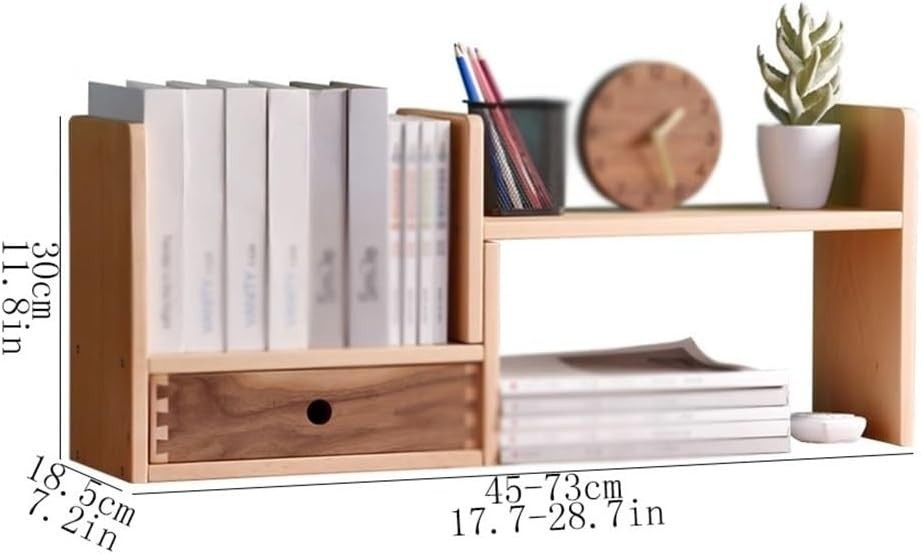 Adjustable Desktop Bookshelf Wooden Expandable Organizer Shelf w/ Drawer
