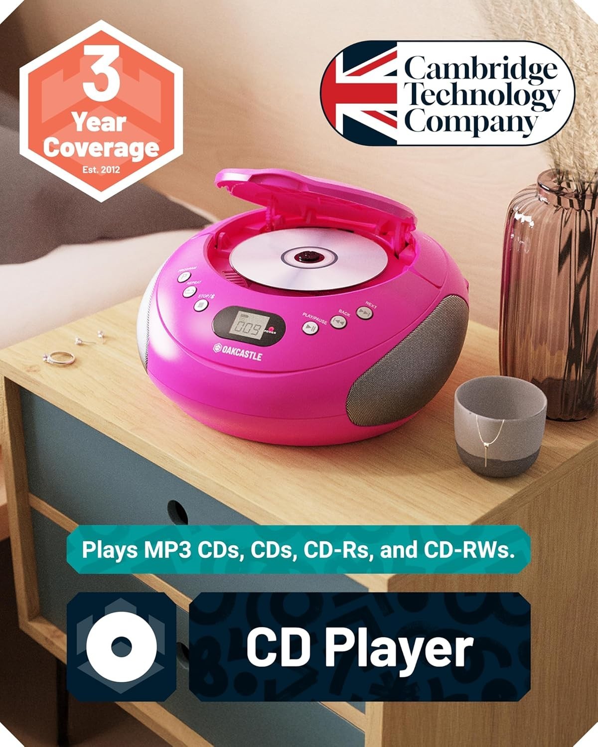 Portable Bluetooth CD Boombox FM Radio Stereo Player LED Display Pink