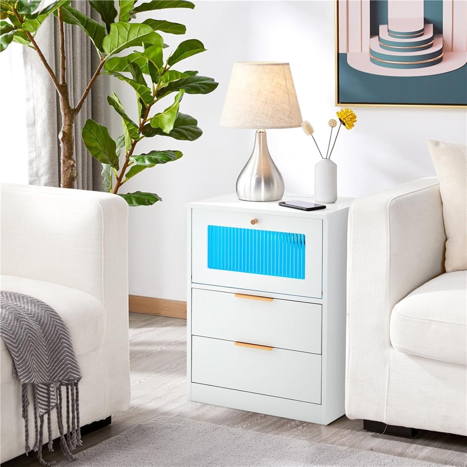 Modern White Bedside Table with LED Light & Charging Ports | 2 Drawer Nightstand