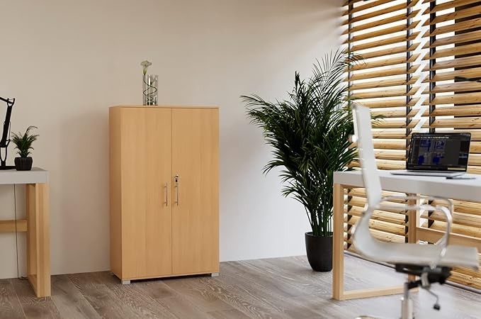 Tall Beech Wood Storage Cabinet 2 Door Lockable Cupboard for Home Office Kitchen