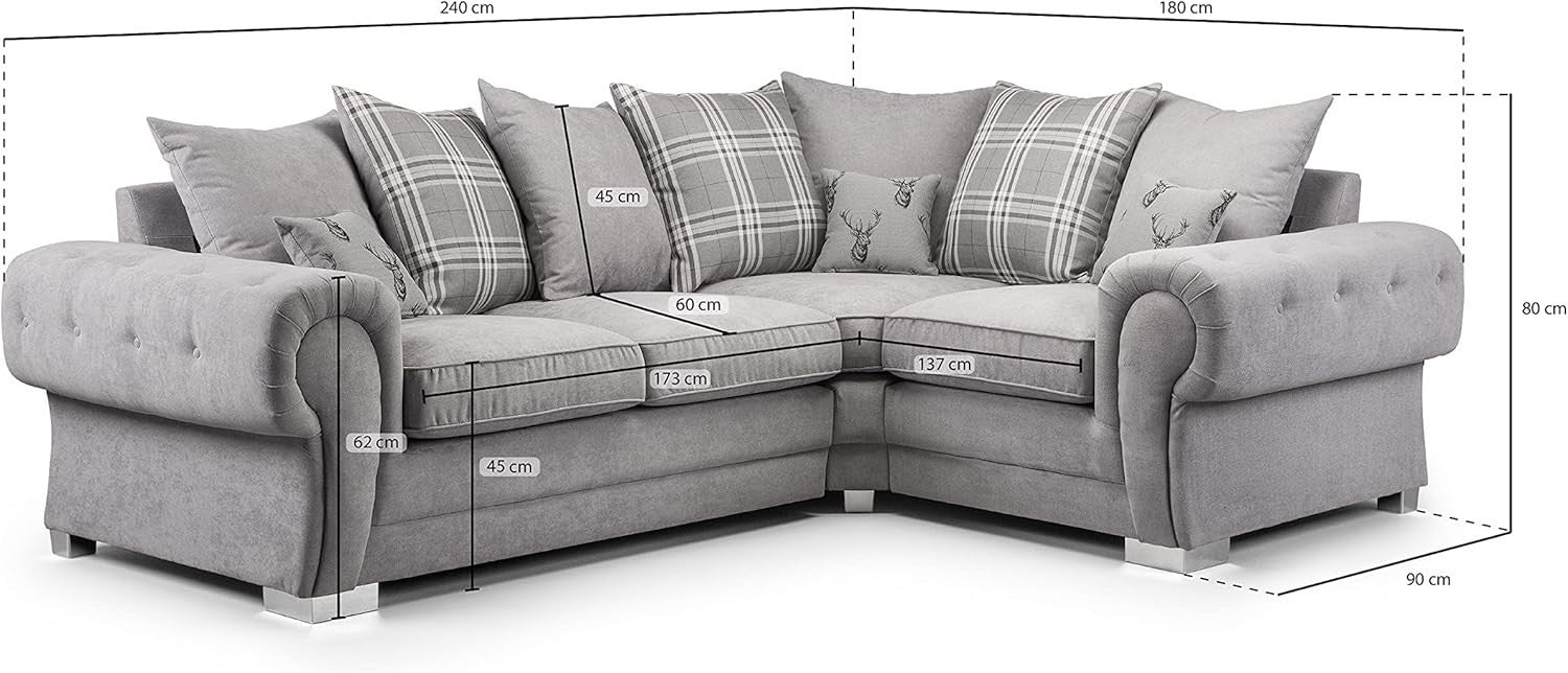 4 Seater Grey Fabric 2C1 Right Hand Corner Sofa with Plush Cushions