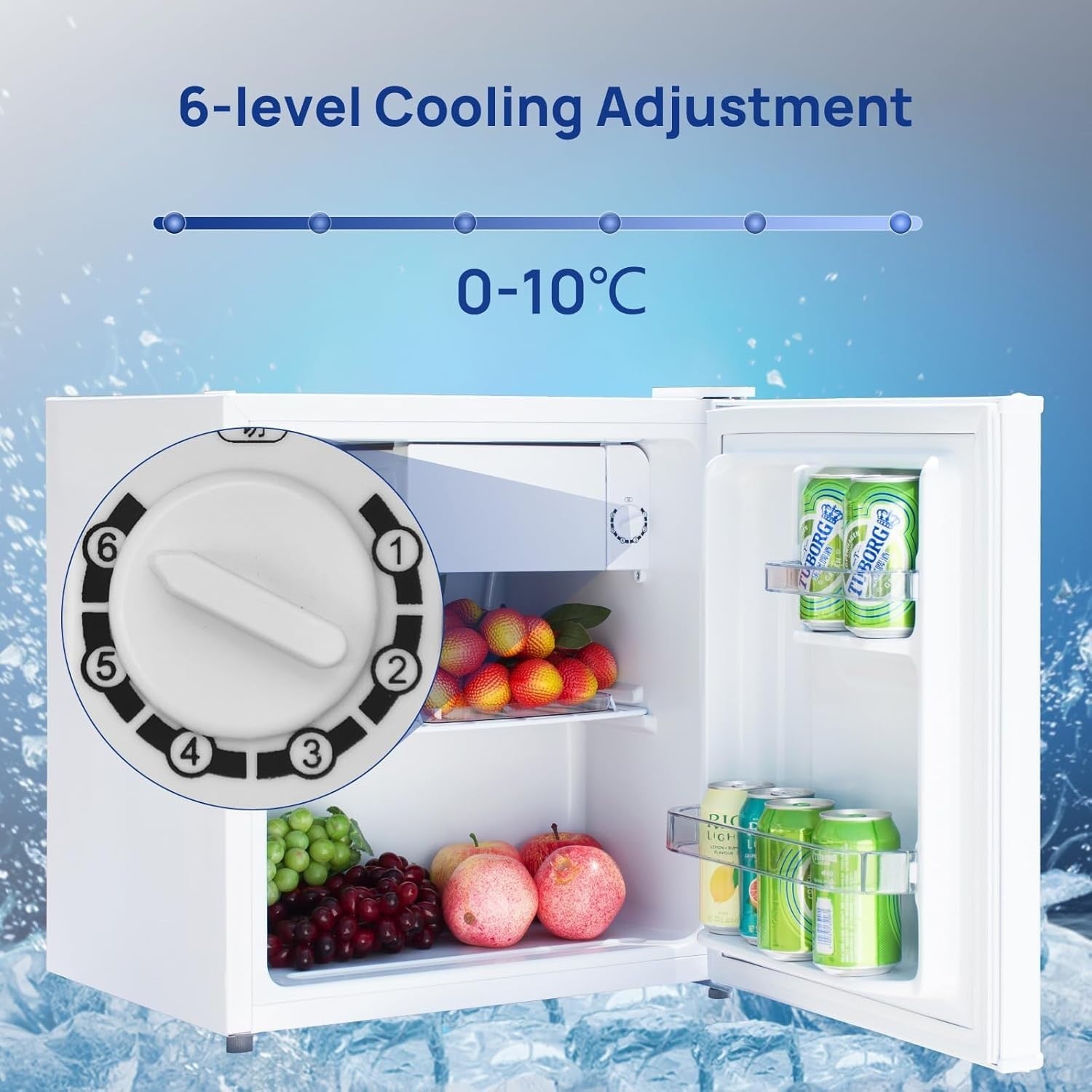 48L Mini Fridge Table Top Quiet Drinks Cooler Reversible Door White