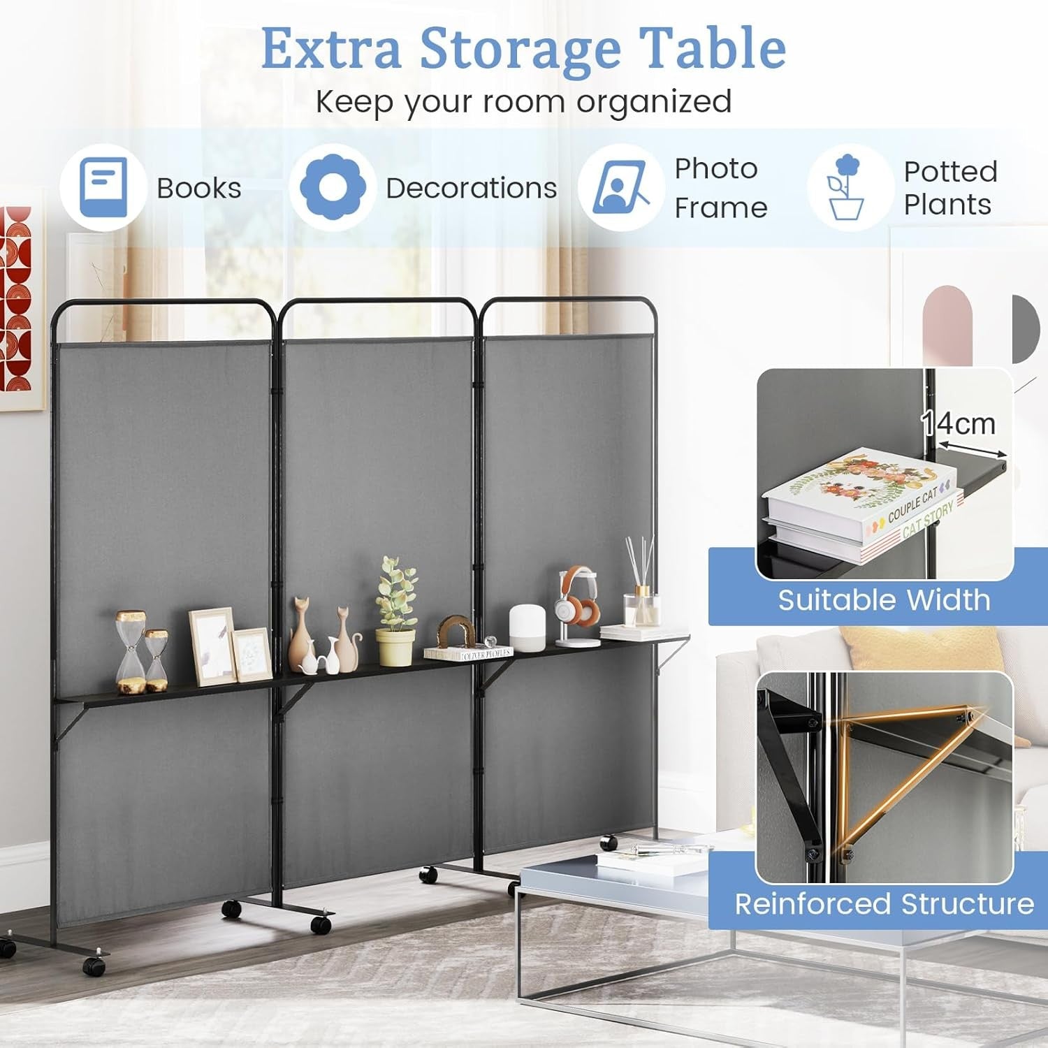 3 Panel Grey Folding Room Divider with Shelves & Wheels Privacy Screen 188cm