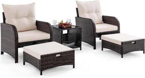 5PCS Garden Rattan Patio Set with Cushions, Coffee Table & Ottomans Outdoor