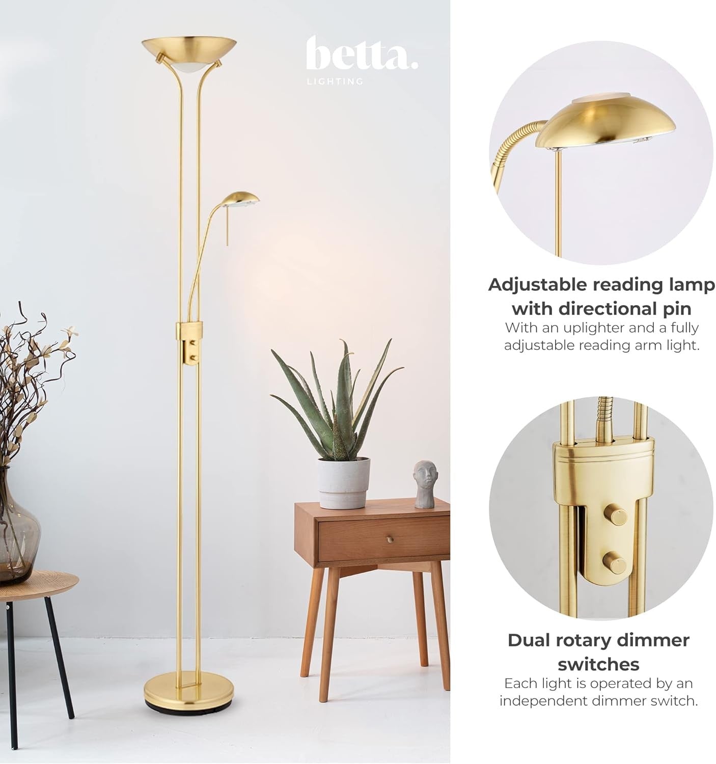 Mother Child Floor Lamp Uplighter Reading Light Satin Brass Dimmable