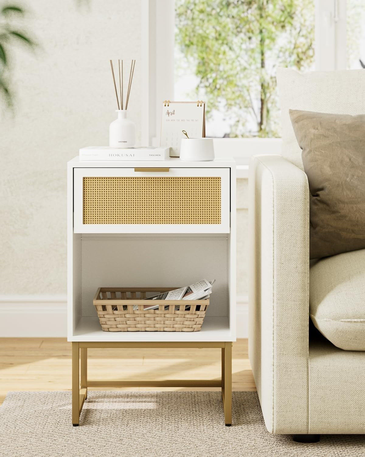 Modern White Rattan Bedside Table with Drawer & Shelf – Gold Metal Legs