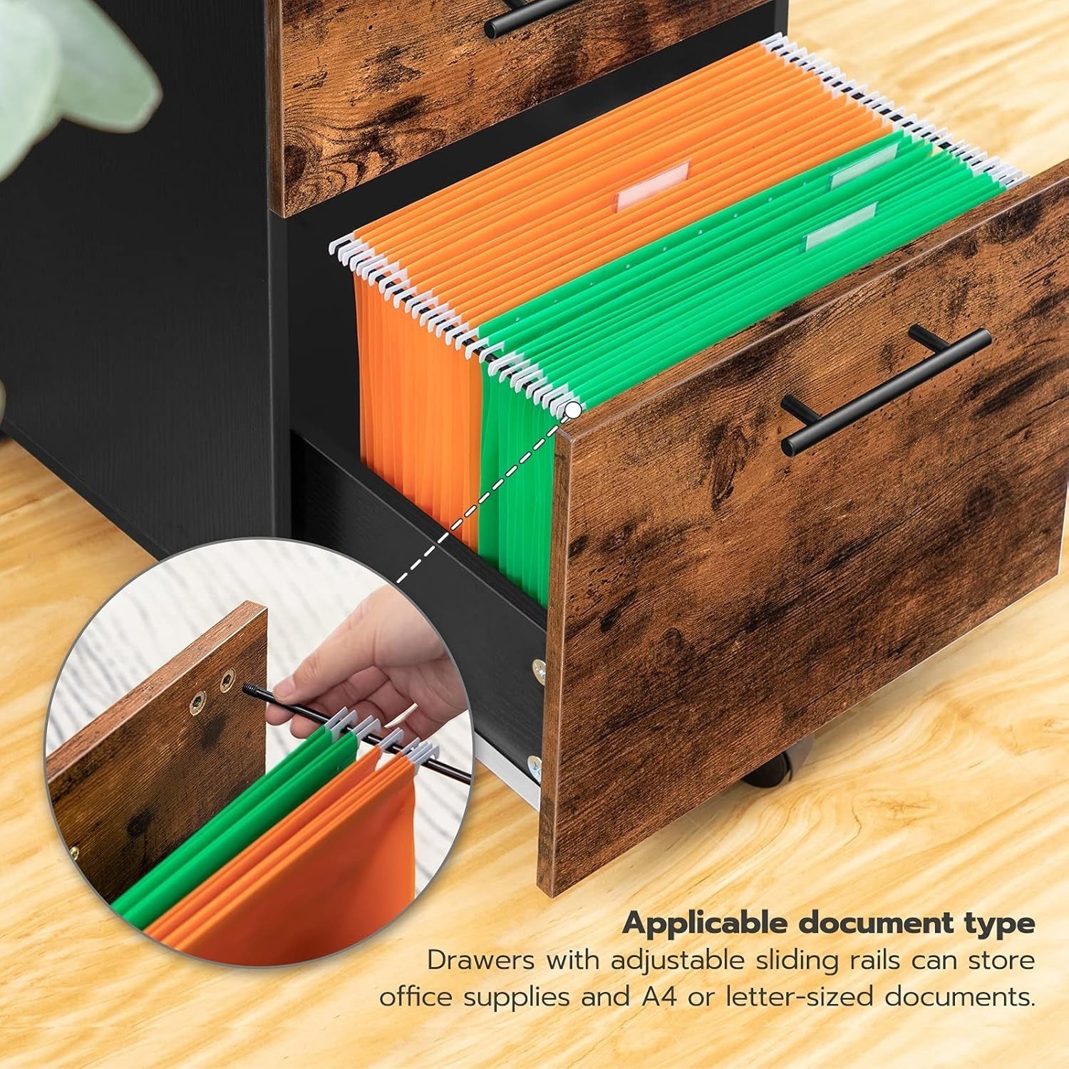3 Drawer Mobile Filing Cabinet Rolling Office Storage Rustic Brown Black