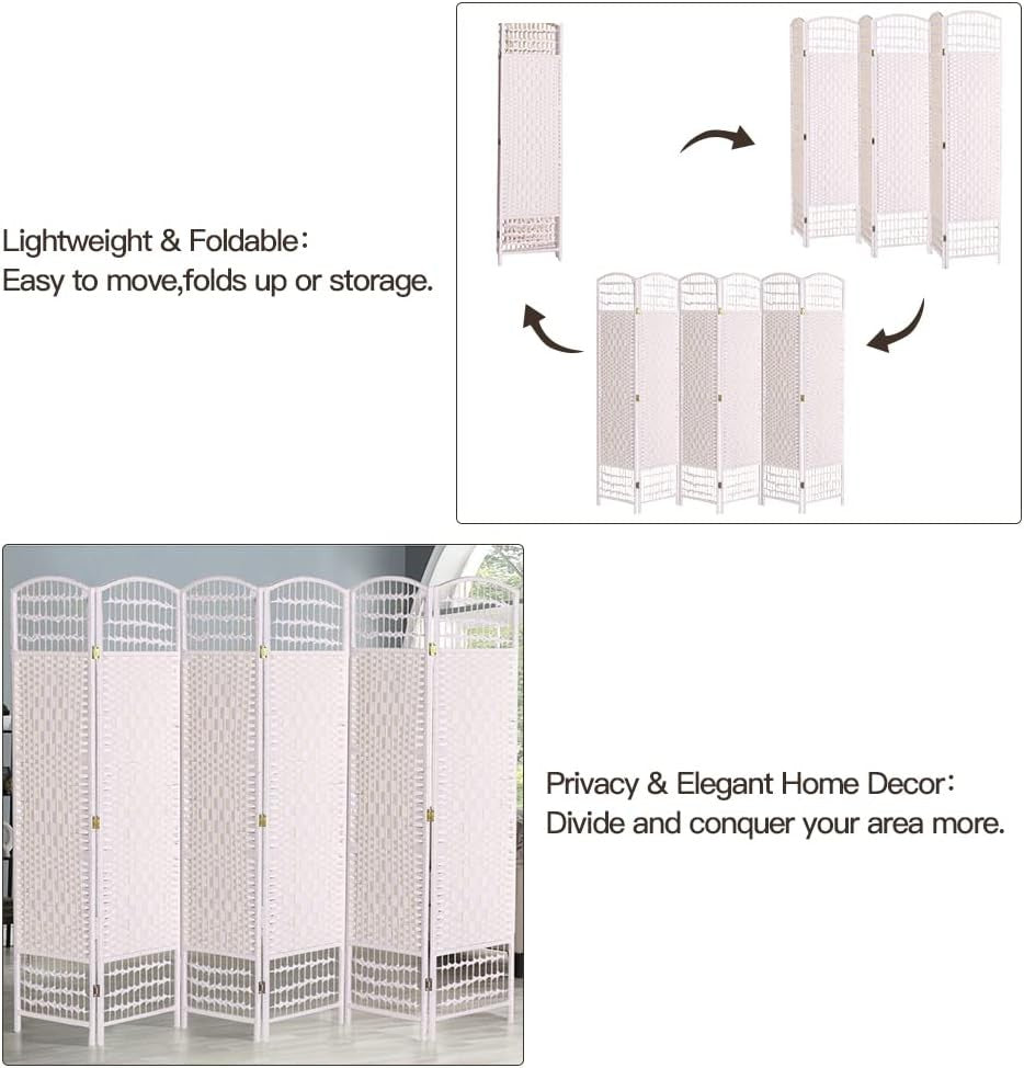 White 6 Panel Wicker Folding Room Divider Handwoven Privacy Screen