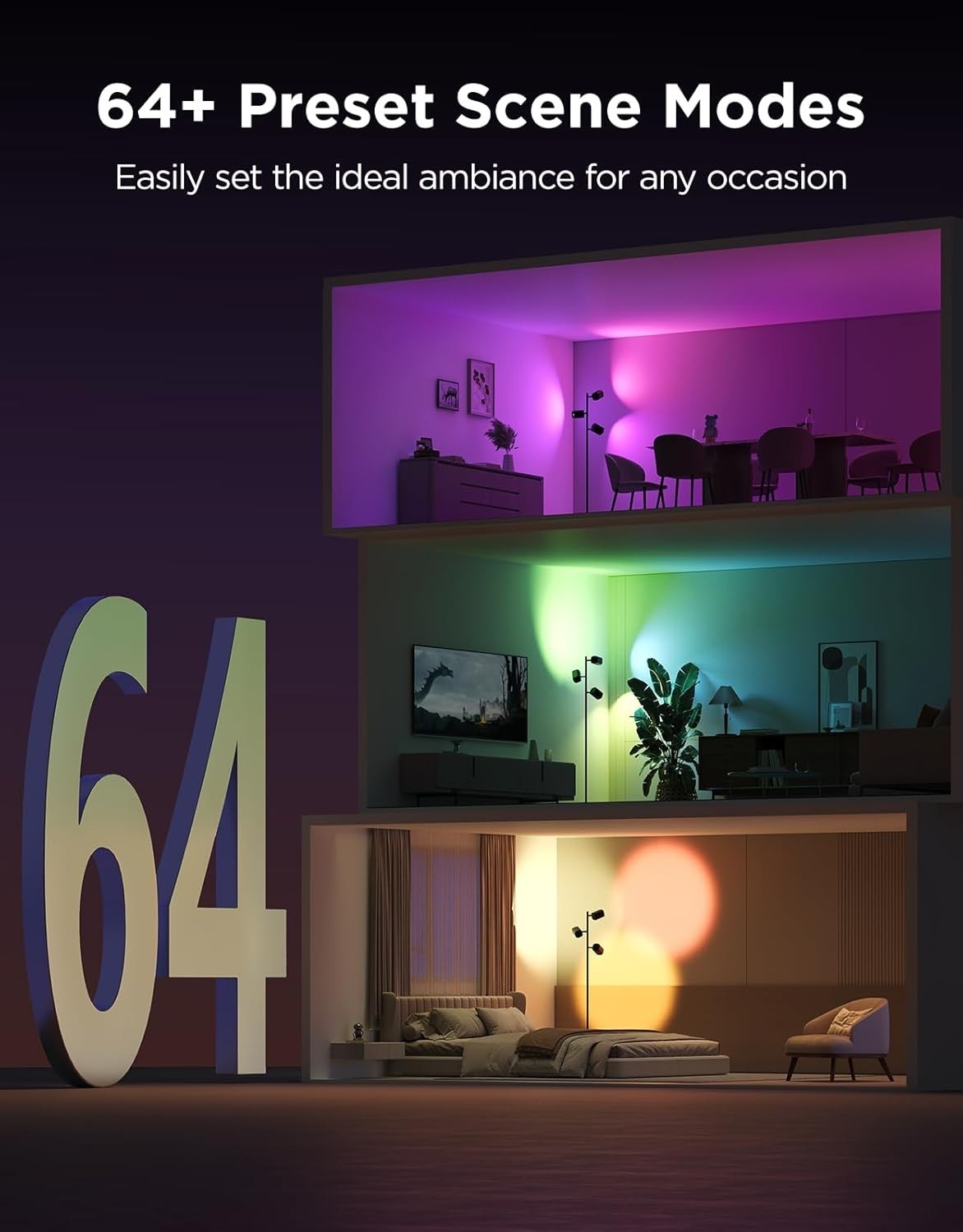 Adjustable 3-Head LED Floor Lamp with Alexa, Music Sync & 64 Scenes, 157cm