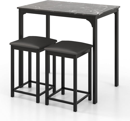 3-Piece Bar Table Set with Marble Top & 2 Stools Space-Saving Dining Black