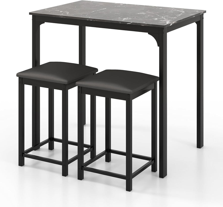 3-Piece Bar Table Set with Marble Top & 2 Stools Space-Saving Dining Black
