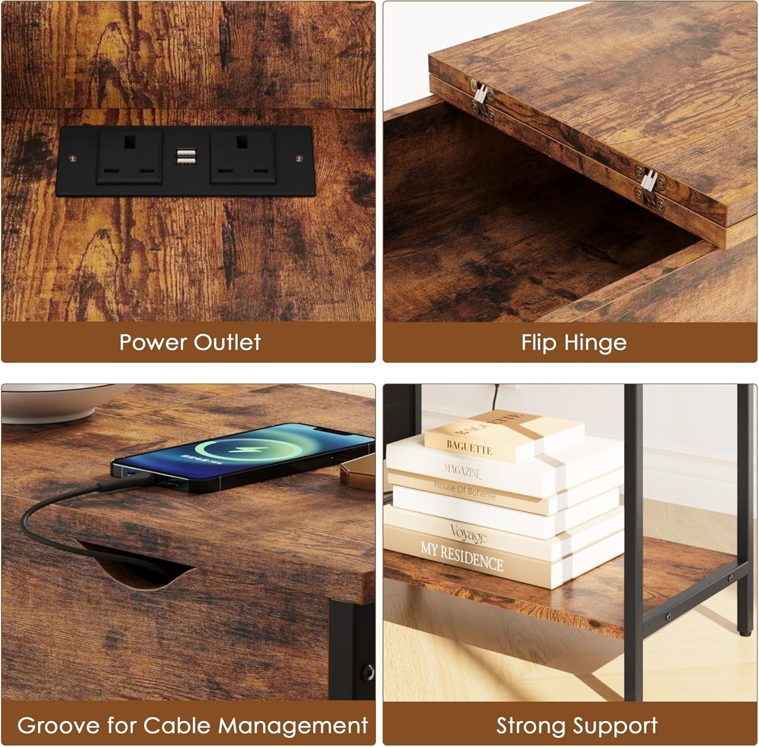 Narrow Side Table with USB Ports, Charging Station & Storage Shelf, Rustic