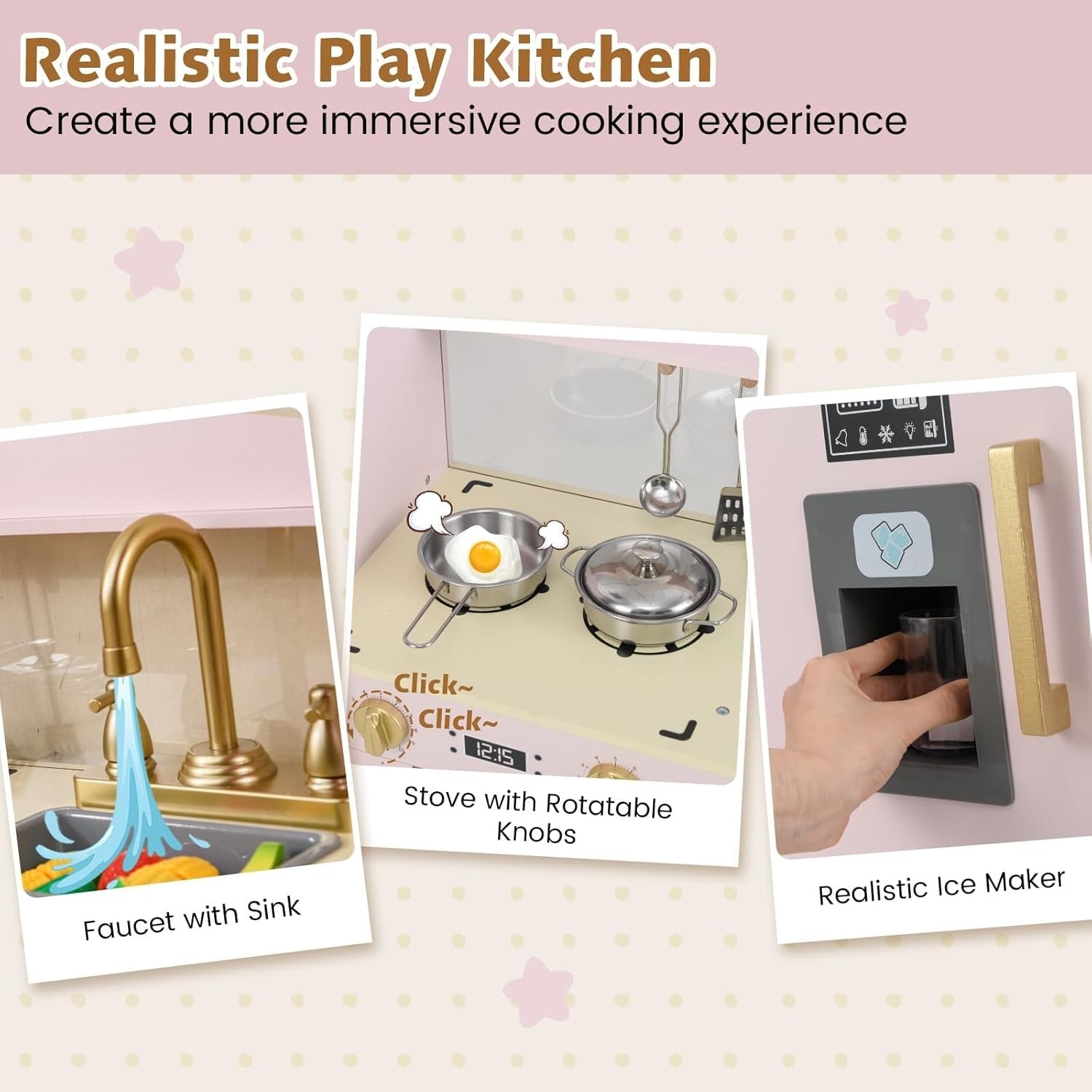 Wooden Kids Play Kitchen Pink w/ Ice Maker Sink Blackboard Toy Set