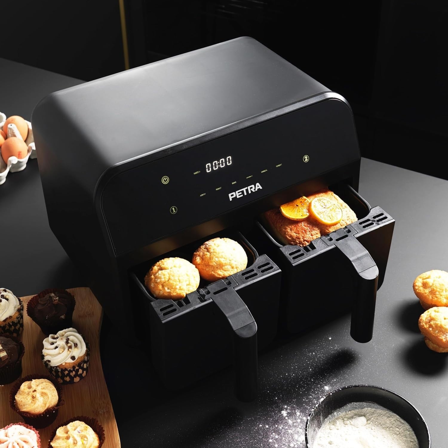 Dual Air Fryer 7.4L 2 Drawer 2400W Sync Match LED 6 Presets 60min Timer