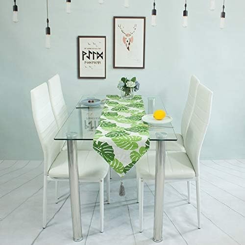Rectangular Glass Dining Table with 4 White PU Leather High-Back Chairs