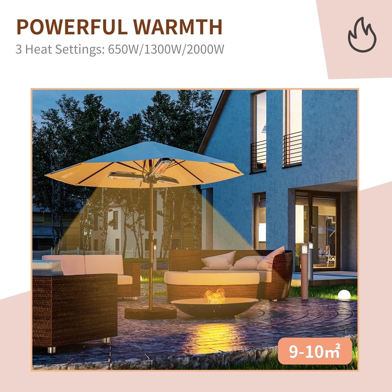 Outdoor Umbrella Heater 2000W Electric Patio Radiant Heat 3 Settings Adjustable
