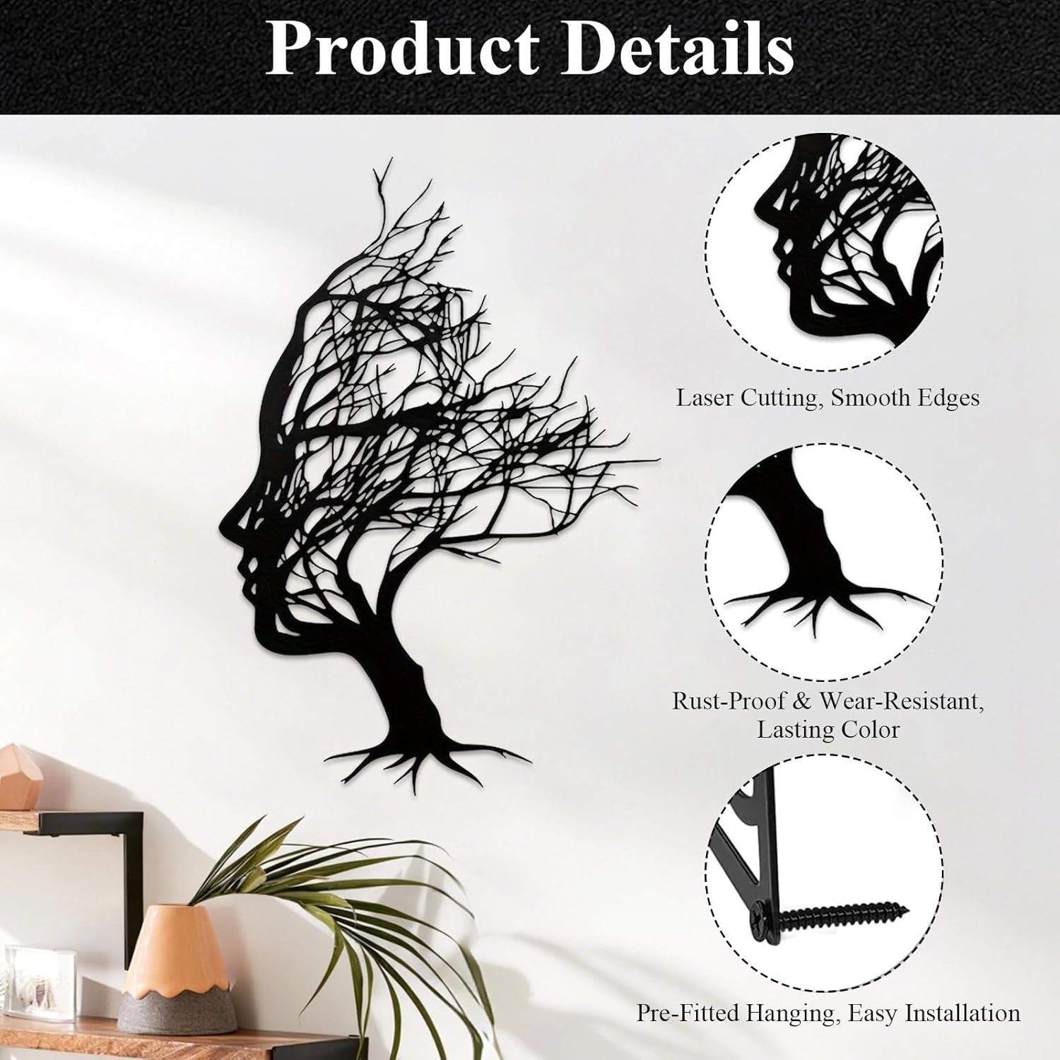 Black Metal Tree of Life Wall Sculpture – Abstract Hairline Art 30x21cm
