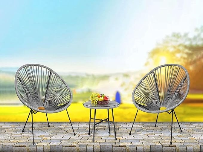 3pc Egg Chair Patio Set Grey Indoor Outdoor Bistro Furniture w/ Table