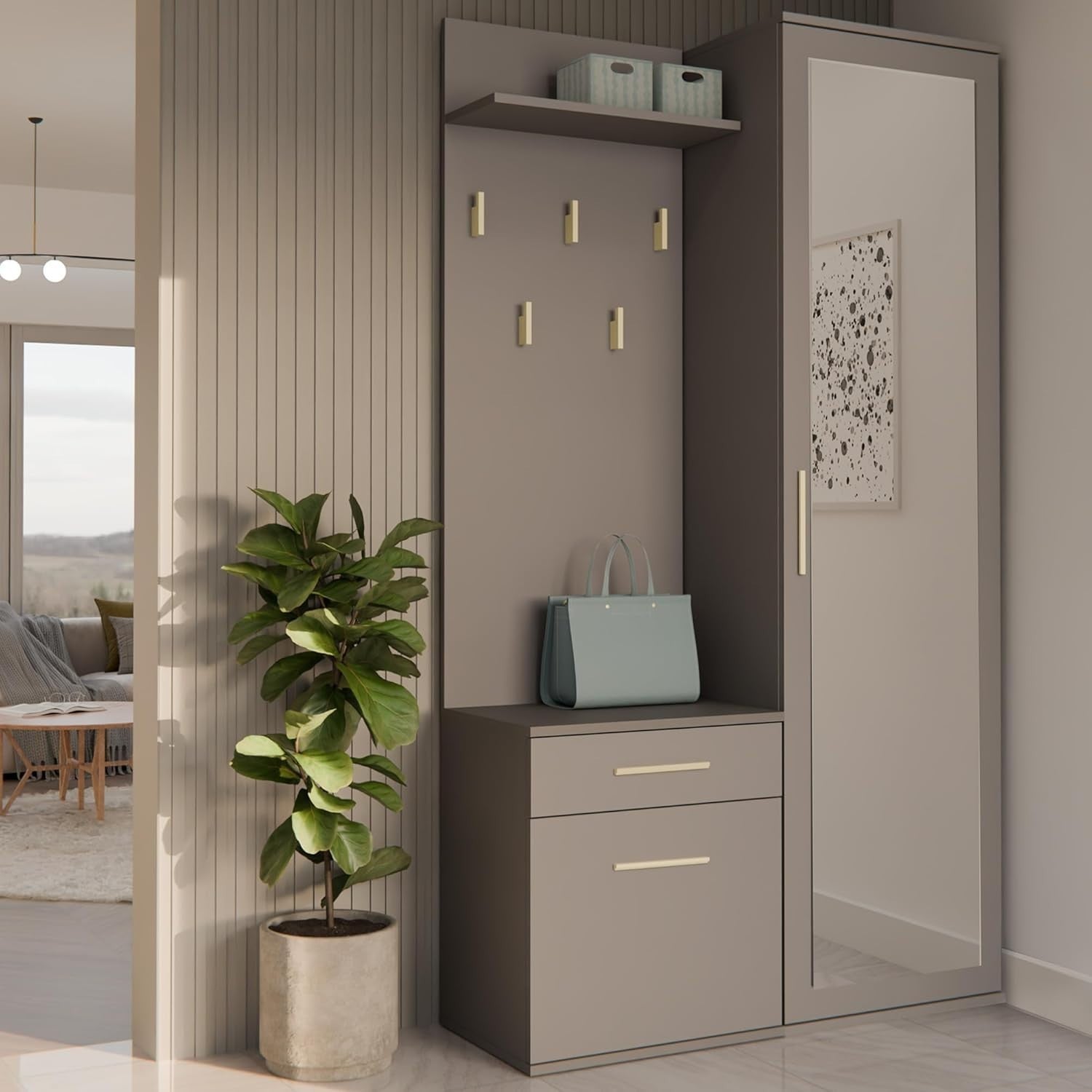 Modern Clay Hallway Wardrobe with Hooks, Shelves & Shoe Storage, 180cm