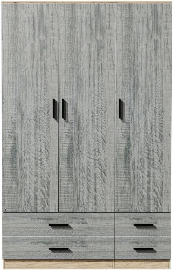 Oak & Ash Grey Wardrobe 3 Door 4 Drawer Storage Modern Bedroom Closet