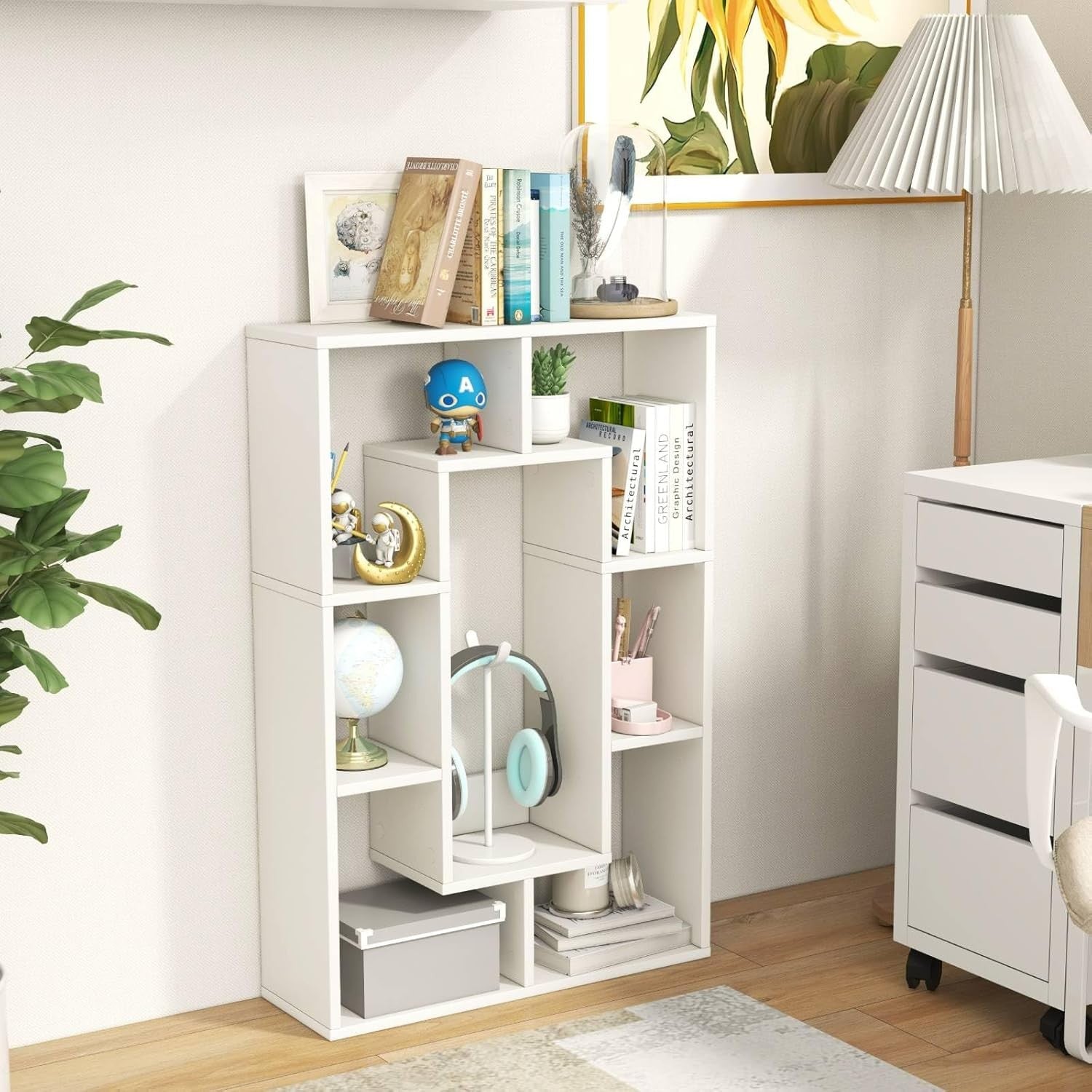 7-Cube White Geometric Bookcase Modern Room Divider Storage Display Shelf