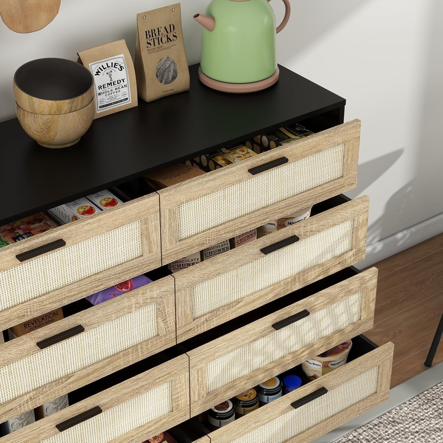 Rattan Chest of 8 Drawers Black Wood Storage Unit Bedroom Hallway Modern