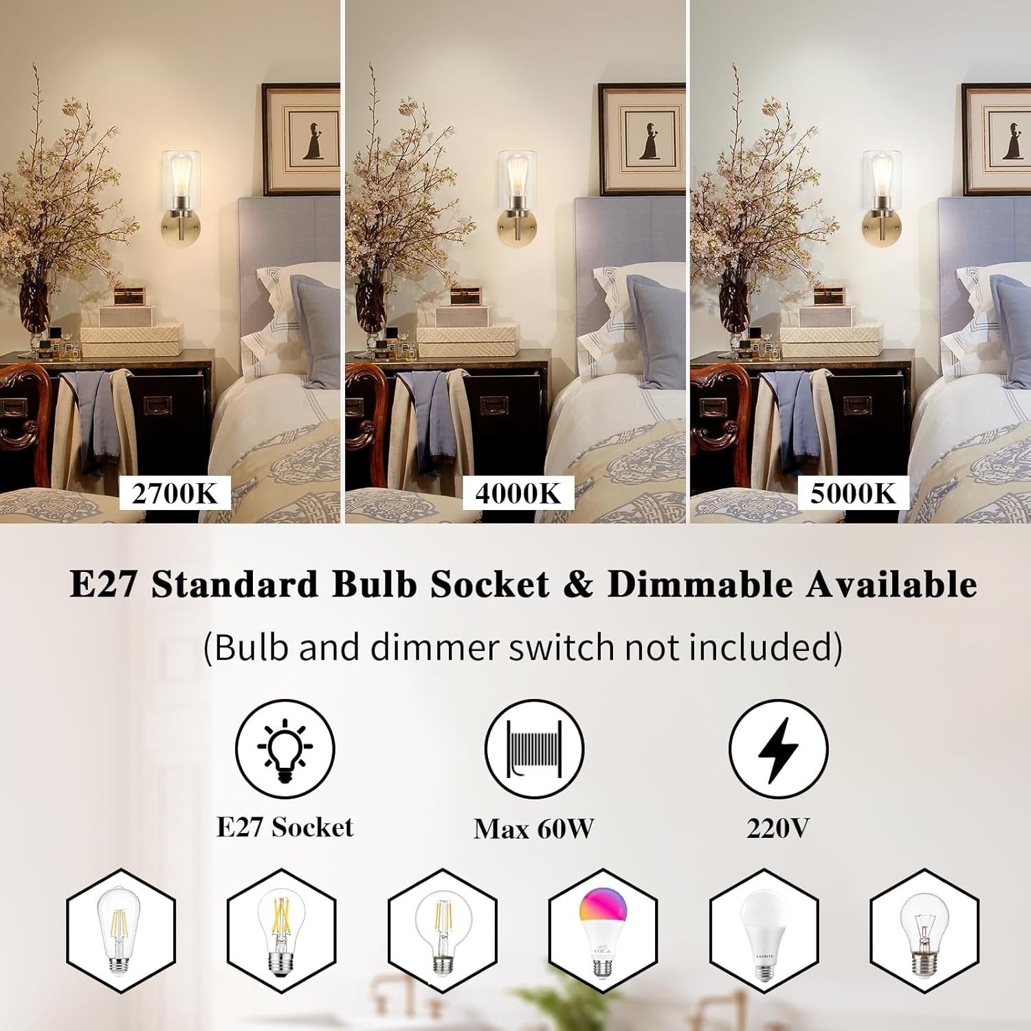 Vintage Gold Wall Lights 2-Pack with Glass Shade | Dimmable Bedroom & Bathroom