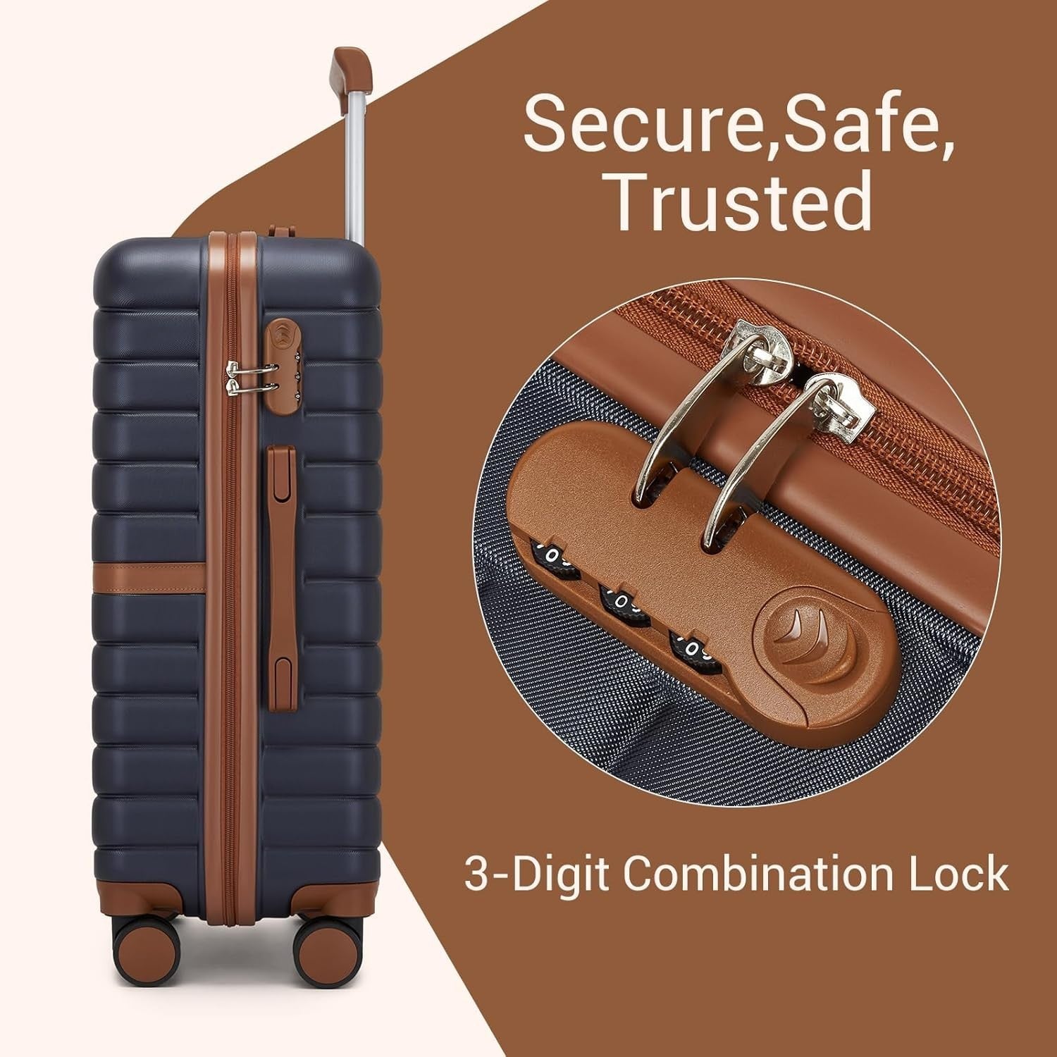 24'' Navy Brown Check In Suitcase ABS PC Hard Shell Spinner Wheels Lock
