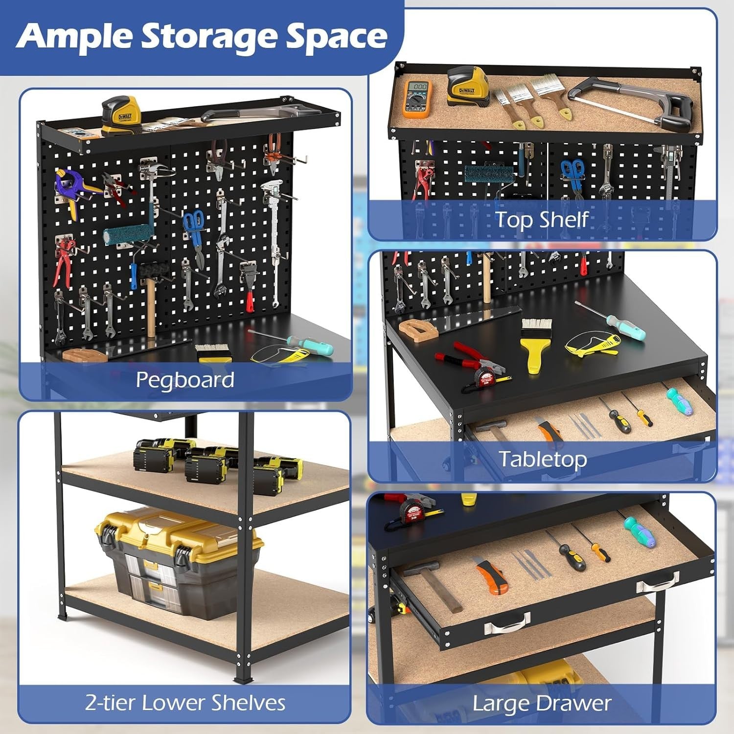 Heavy Duty Workbench 81x41x156cm with Pegboard Shelves Drawer 290kg Capacity