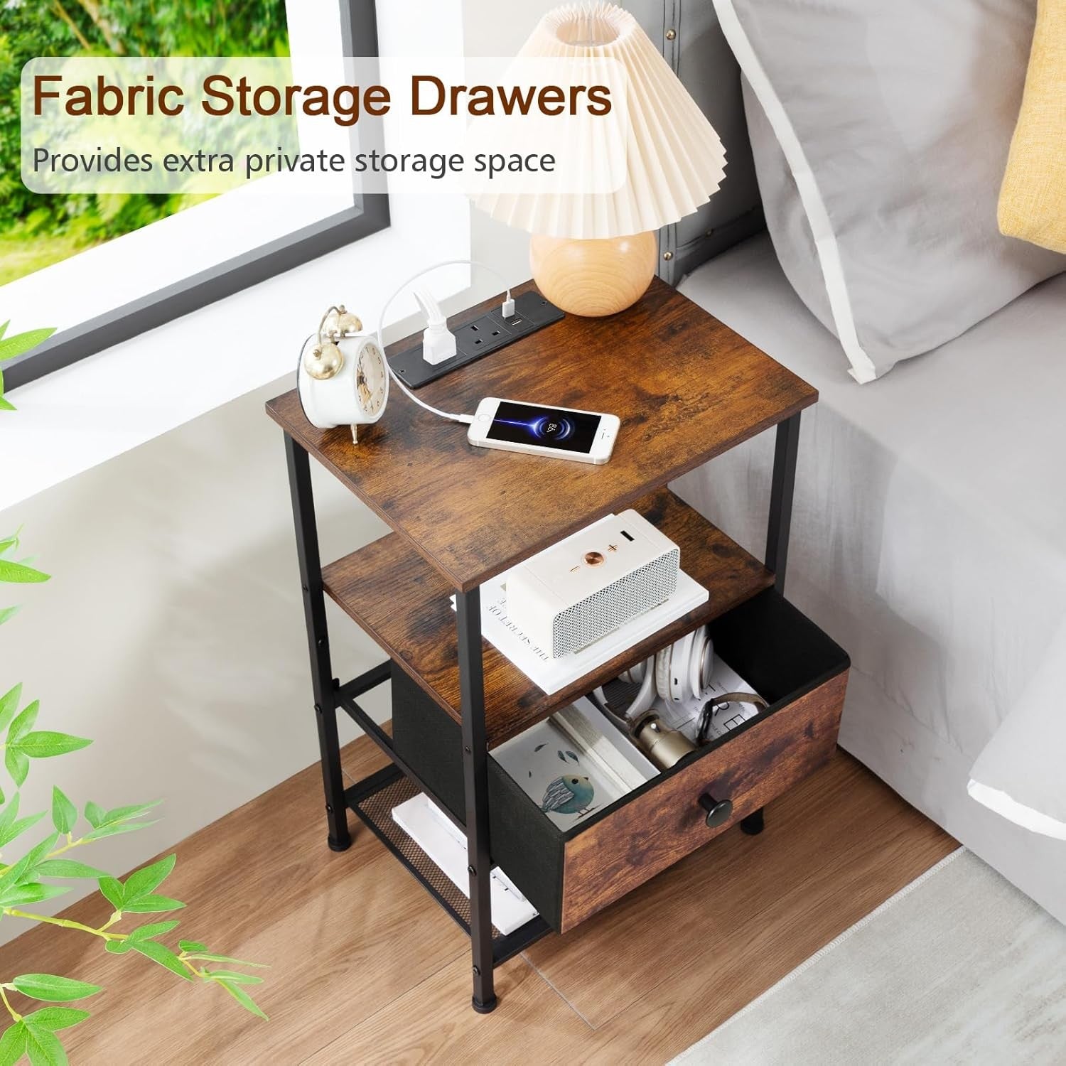 Set of 2 Bedside Tables with Charging Station, Fabric Drawer & Storage Shelf Bro