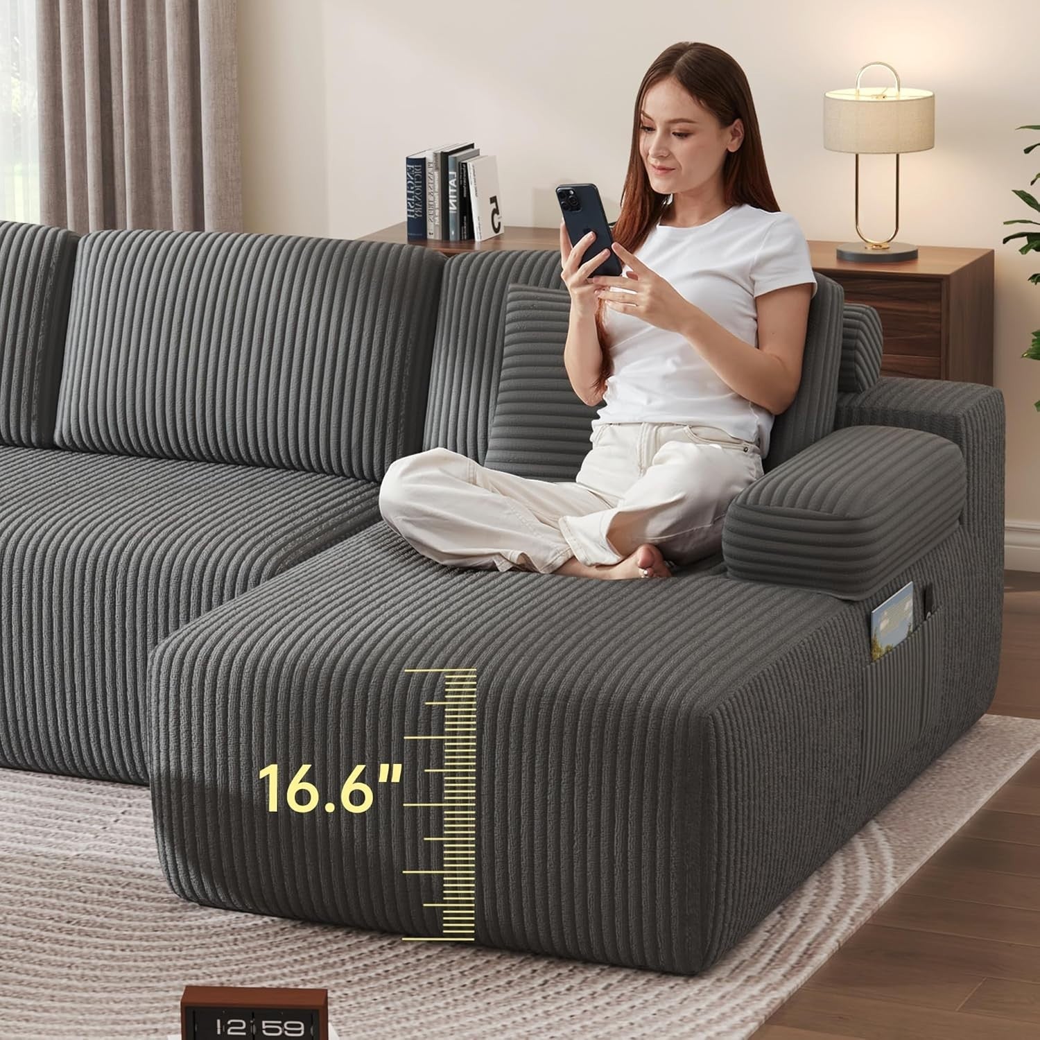 Modular U-Shaped Corduroy Sofa Bed with Memory Foam, Storage & No Assembly