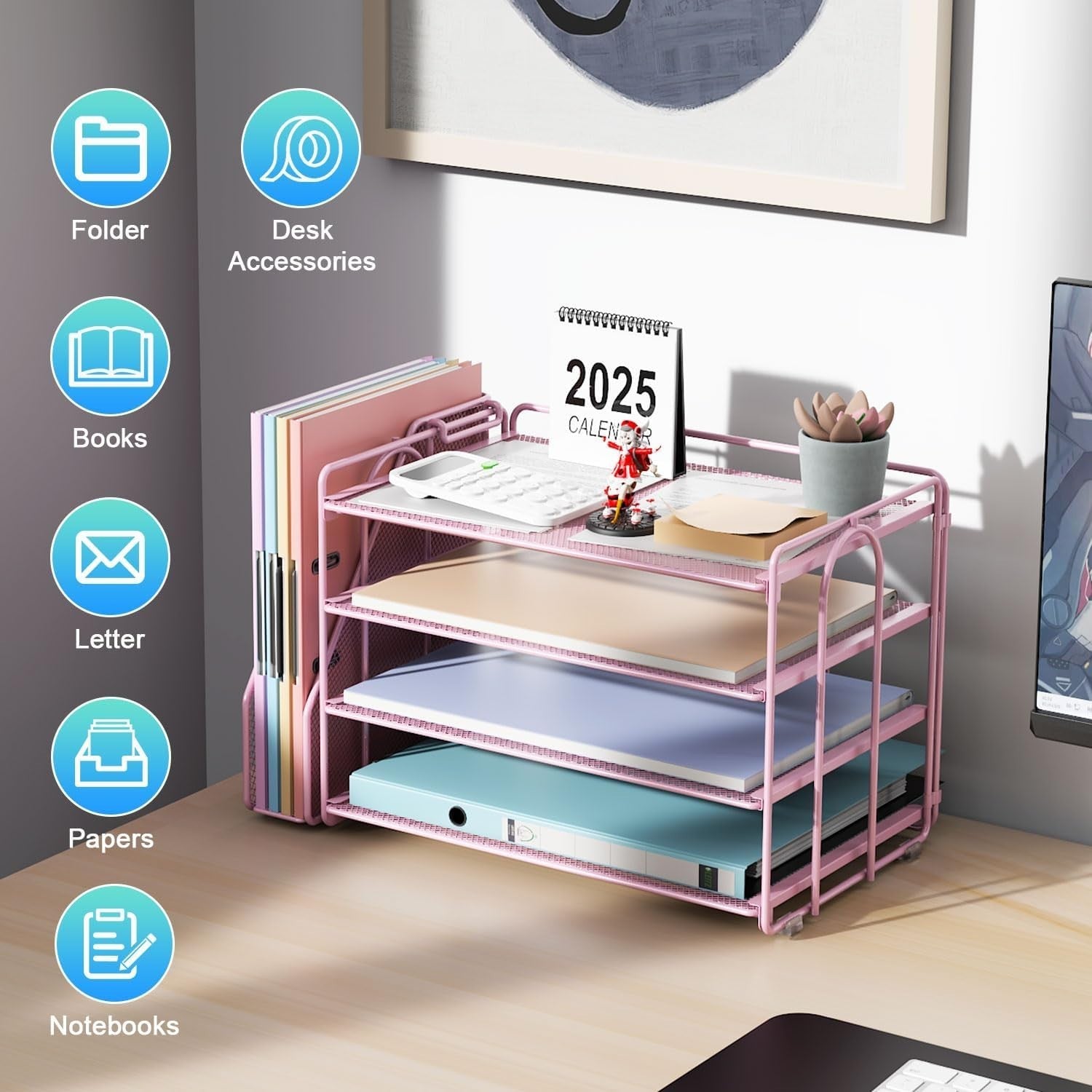4-Tier Desk Organizer with Magazine Holder | Metal File & Paper Storage.